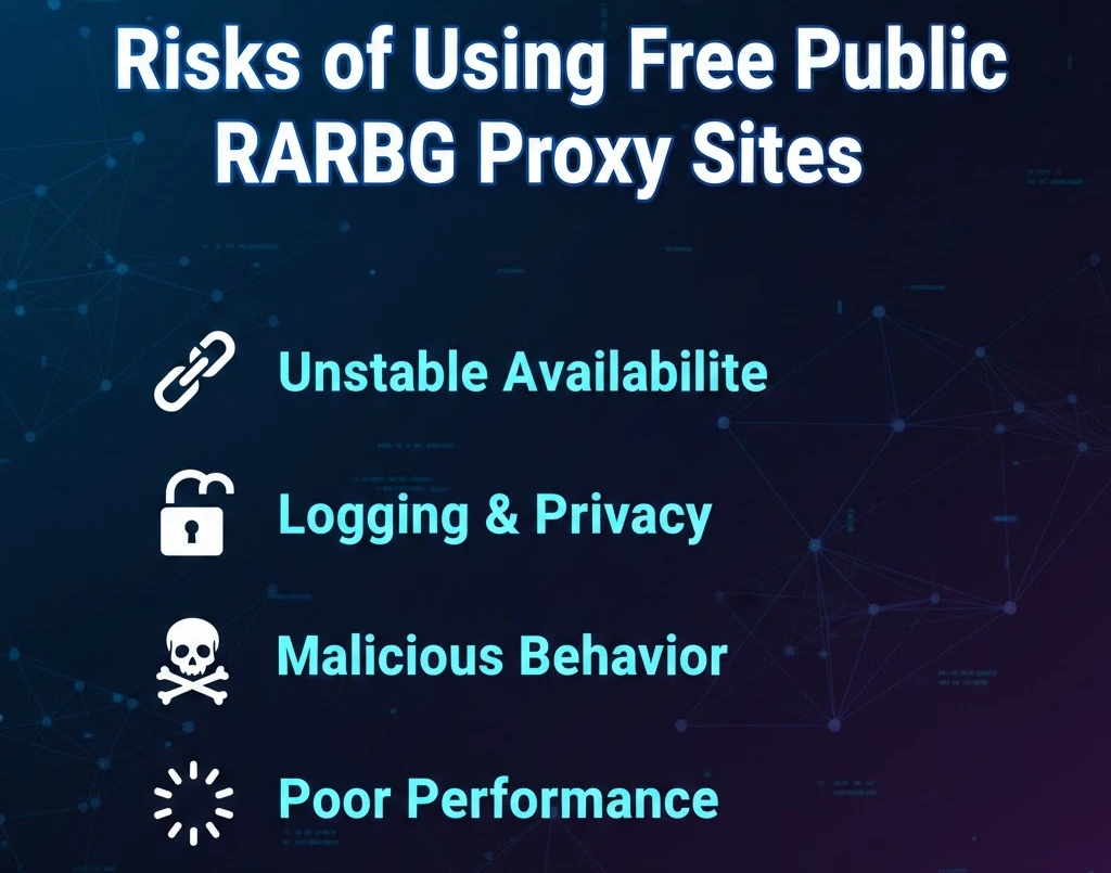 Risks of using free RARBG proxy sites including unstable availability, privacy logging, malicious proxy behavior, and poor torrent performance.