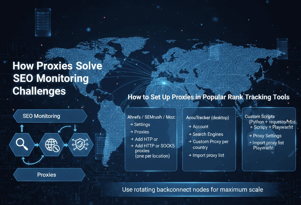 Step-by-step infographic showing how to set up the best SEO proxies in popular rank tracking tools like Ahrefs, SEMrush, AccuRanker, RankTracker, SERPWatcher, and custom Python scripts using residential rotating proxies