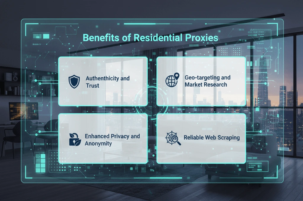 Benefits of residential proxies including authentic IPs, geo-targeting for market research, enhanced privacy, and reliable web scraping performance.