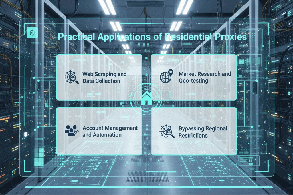 Practical applications of residential proxies for web scraping, geo-testing, account automation, and bypassing regional restrictions.