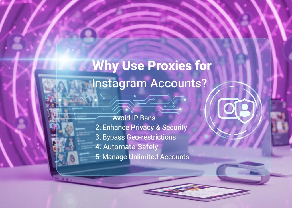 Do proxies work on Instagram? Illustration of Instagram app connected through OkkProxy residential and mobile proxies for safe multi-account management and ban avoidance