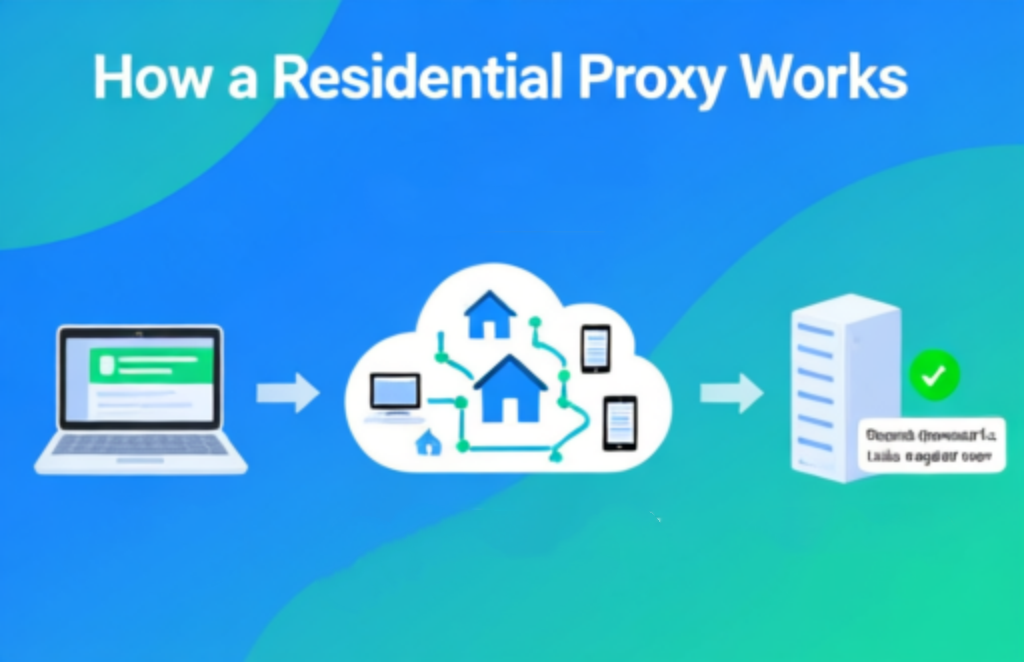Diagram illustrating how a residential proxy works by routing internet traffic through real residential IP addresses
