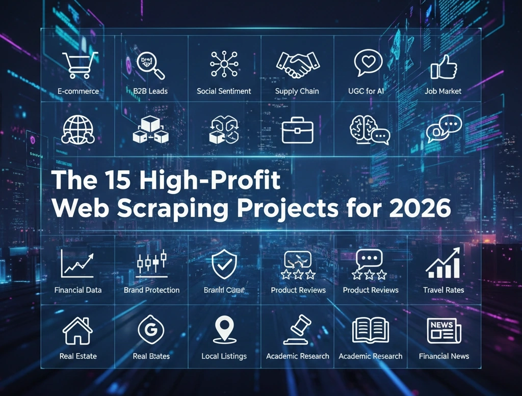 15 high-profit web scraping project ideas for 2026 including Truth Social scraper, ZoomInfo scraping, Alibaba scraper, and Glassdoor review scraper using OKKProxy