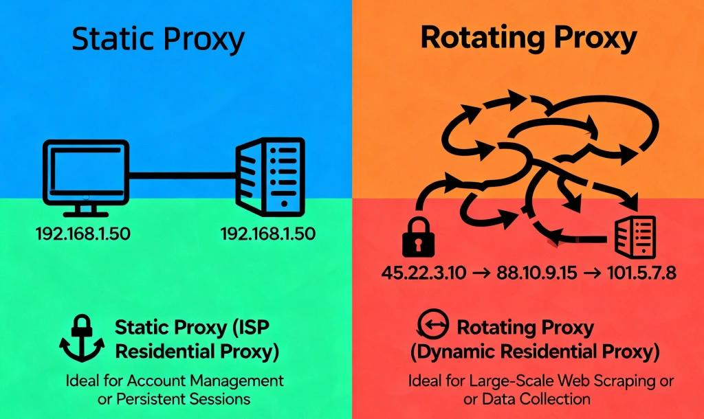Difference between static and rotating proxies explained with comparison chart