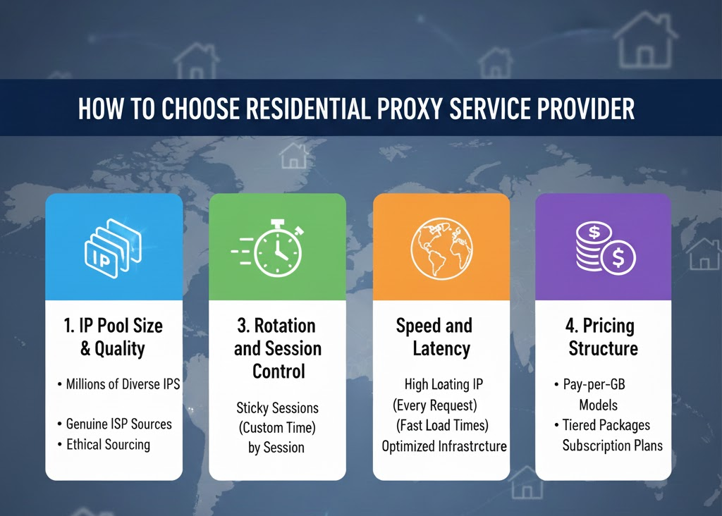 Person researching how to choose the best residential proxy service provider on a laptop screen displaying multiple proxy options and comparison checklist