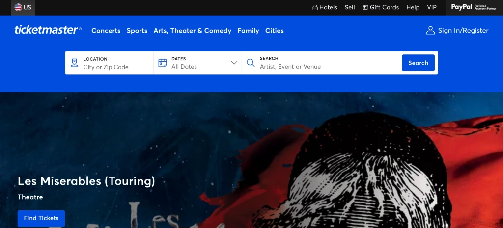 Ticketmaster购票界面示意图,展示如何选择门票并完成购买步骤